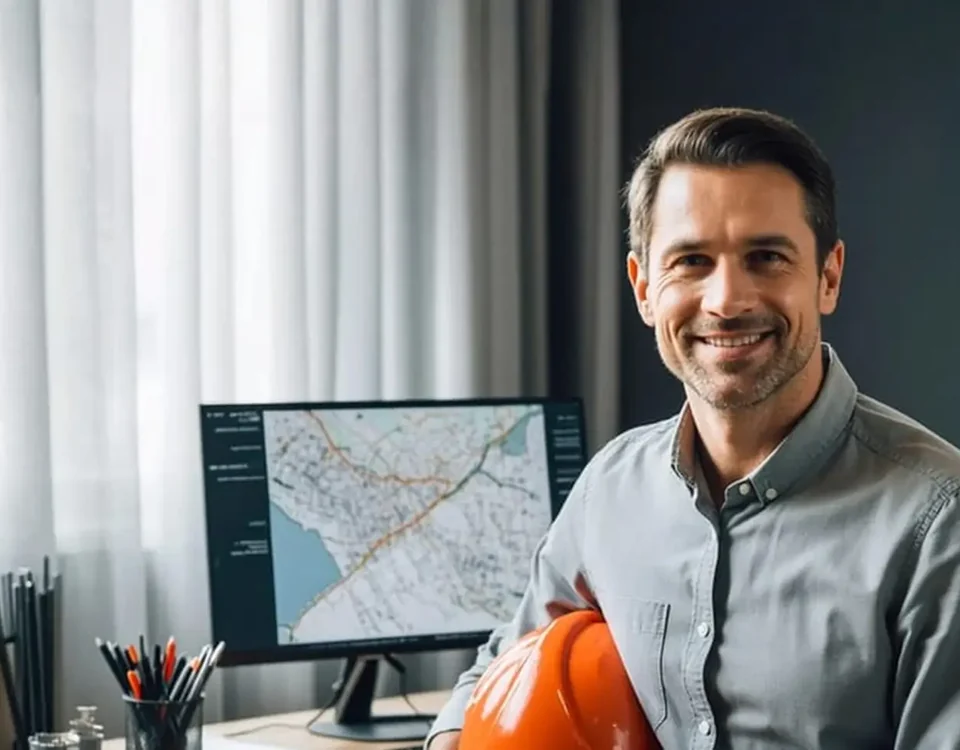 Inwestycja budowlana i mapa na monitorze — Zintegrowany Plan Inwestycyjny